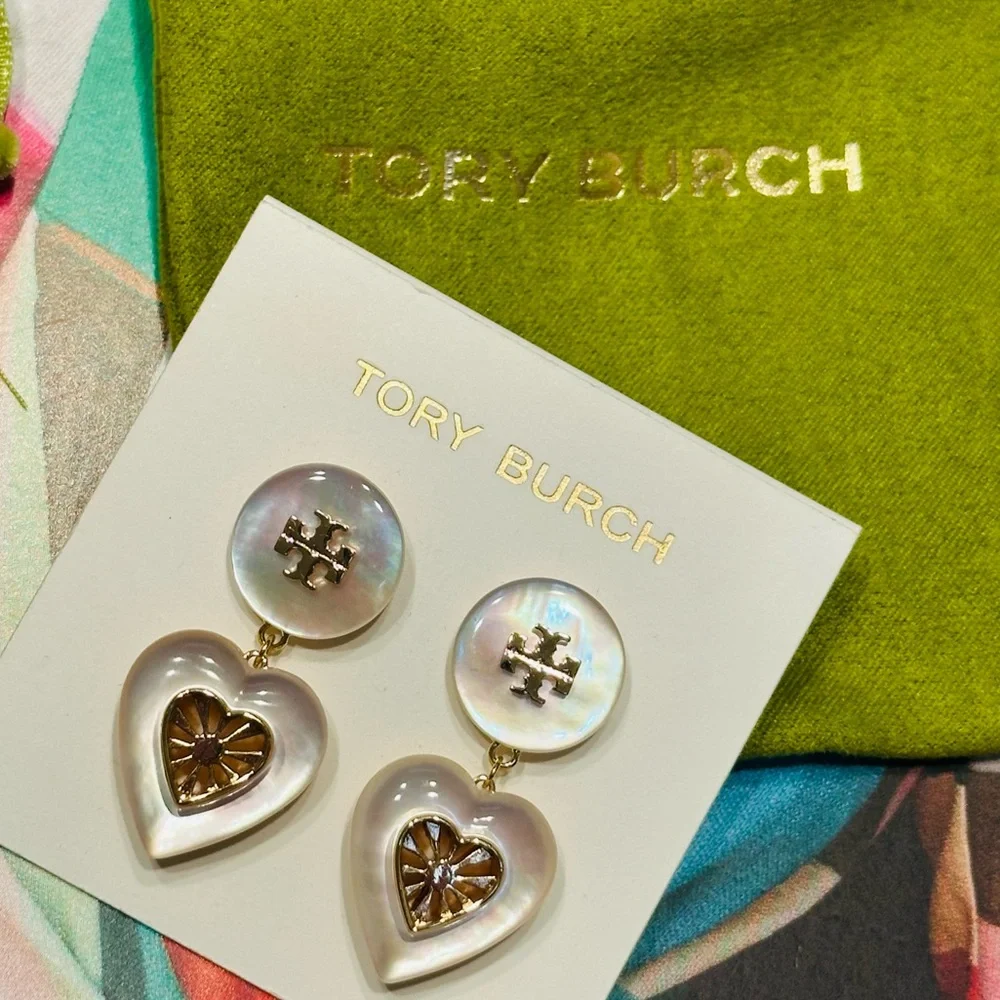 NWT Tory Burch Celestial Heart Shape Mother Of Pearl Drop Earring - Picture 2 of 8